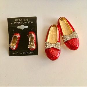 Ruby Slippers Austrian Crystal Earrings & Brooch